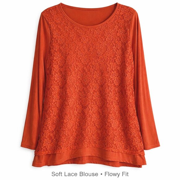 Tops - Women's Orange Lace Boutique Style Tunic Top Flowy Long Sleeve Blouse - XL